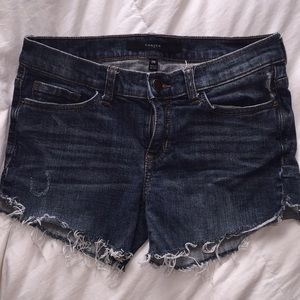women’s dark wash distressed jean shorts
